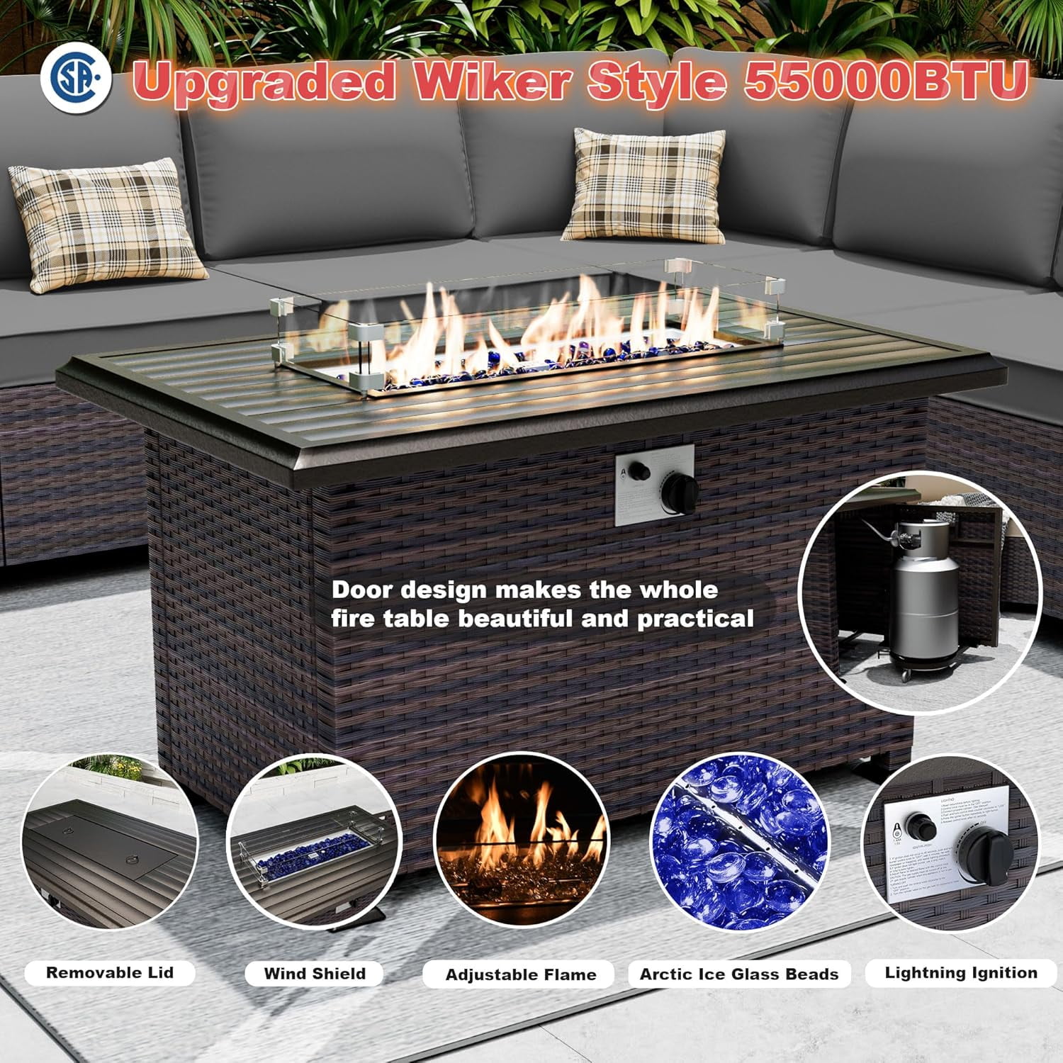 ASJMR 7 Pieces Wicker Patio Furniture Set With Gas Fire Pit Table,Outdoor Rattan Sectional Sofa Conversation Set With Cushions & Coffee Table,Gray