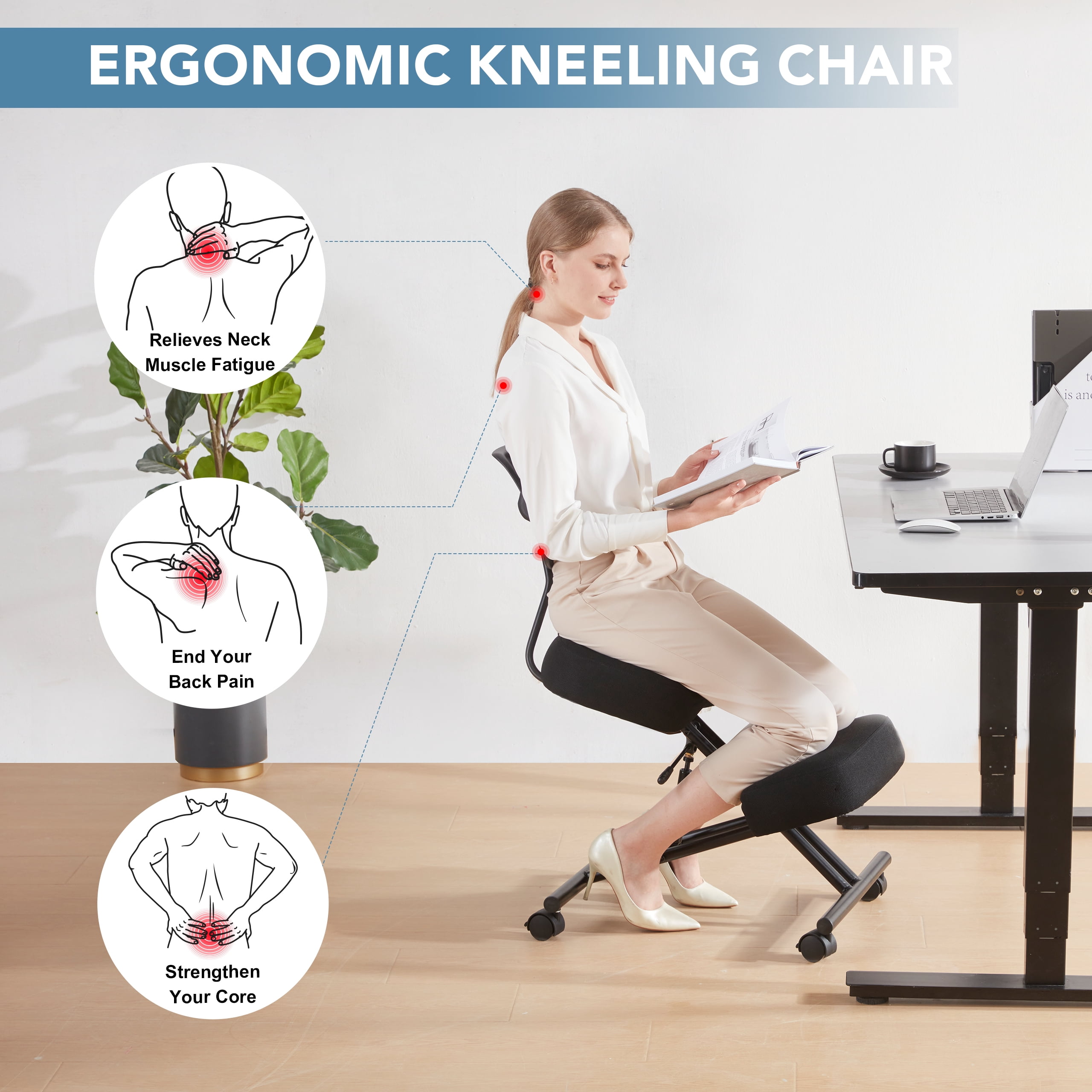 Someet Kneeling Chairs with Backrest Linen Ergonomic Home Office Chair Adjustable Height Seat Rolling Wheels Comfort Thick Cushion Work Stool Improve Posture Chair