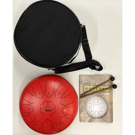 Steel tongue drum 12 inch, red color, with mallets and soft bag