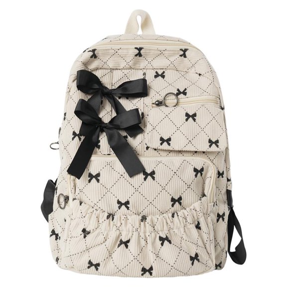 Yucurem Large Capacity Corduroy Backpack with Bow, Lightweight 15.75 inch Laptop Bag for Women, Aesthetic Daypack for College Travel (White)