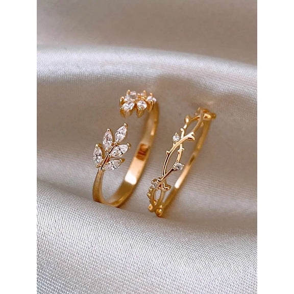 Forest Style Branch Leaf Zircon Open Ring Gentle Style Stackable Ring Gold-Plated Fresh Leaf Ring