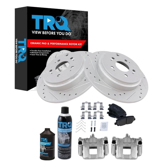 TRQ Rear Performance Brake Pad & Rotor Kit Brake Caliper Brake Chemical Kit Brake Pads Brake Rotors Set Ceramic Premium G-Coated Fits 2011-2017 Honda Odyssey