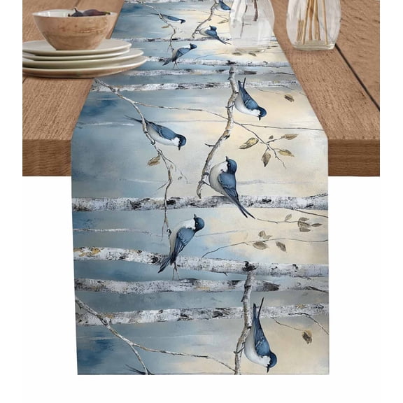 Oil Painting Forest Table Runner 70 Inches, Retro Branches Birds Botanical Bed Runner Dresser Scarves Tabletop for Indoor Outdoor Parties/Ceremony/Banquet, 13" x 70"