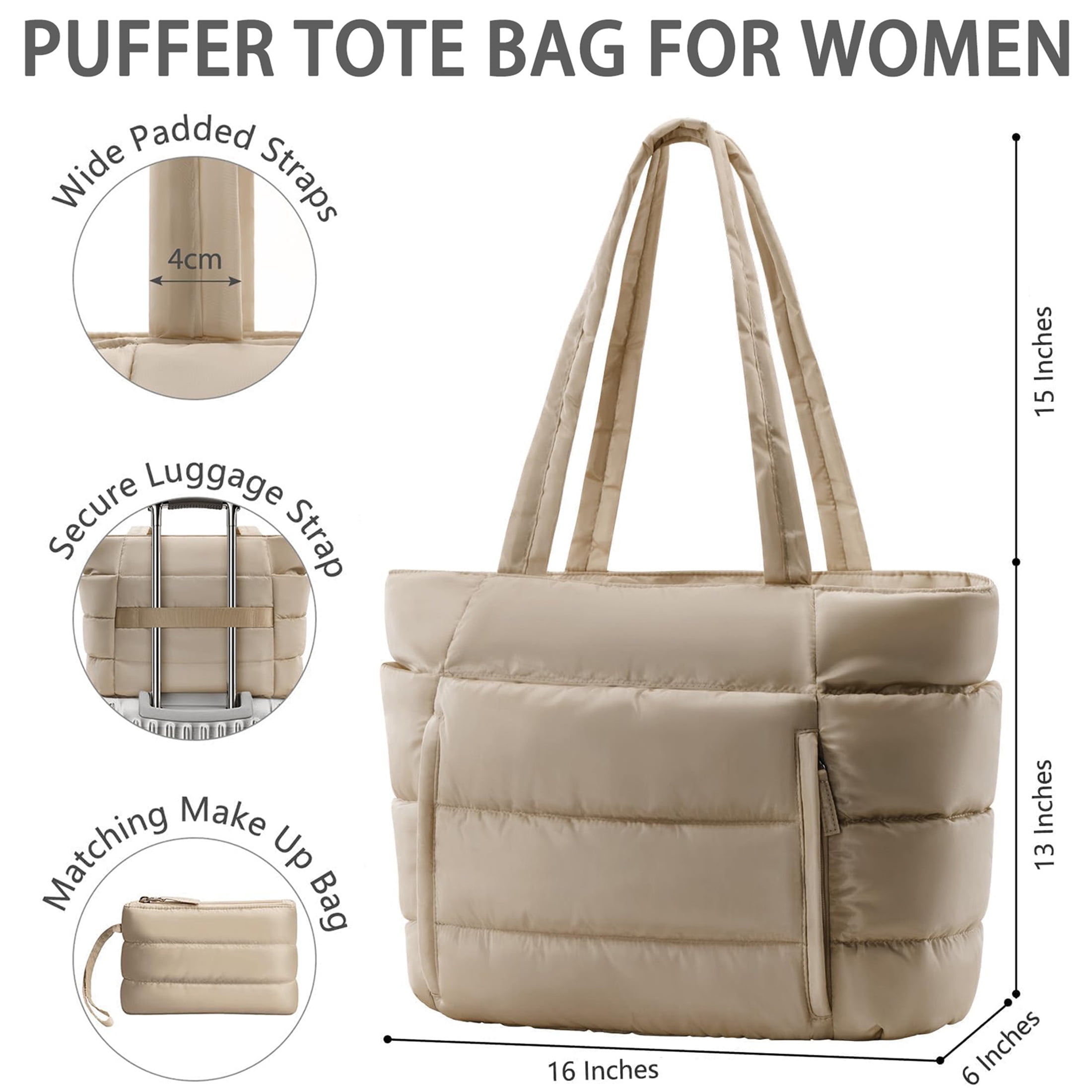 Puffer Tote Bag for Women, Large Capacity Lightweight Quilted Shoulder Bag, Waterproof Handbag for Work, Travel, Gym, Camel
