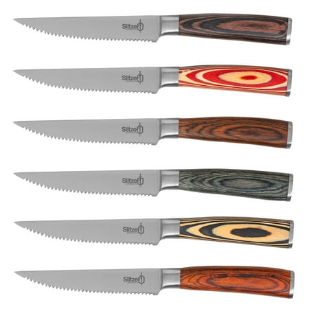 

Slitzer Germany 6-Piece 9 inch Steak Knife Set - Professional Serrated Knife Blades Pakkawood Handles