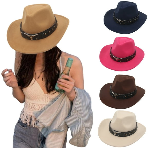 Bobasndm Women Men Classic Felt Wide Brim Western Cowboy Cowgirl Hat with Belt Buckle