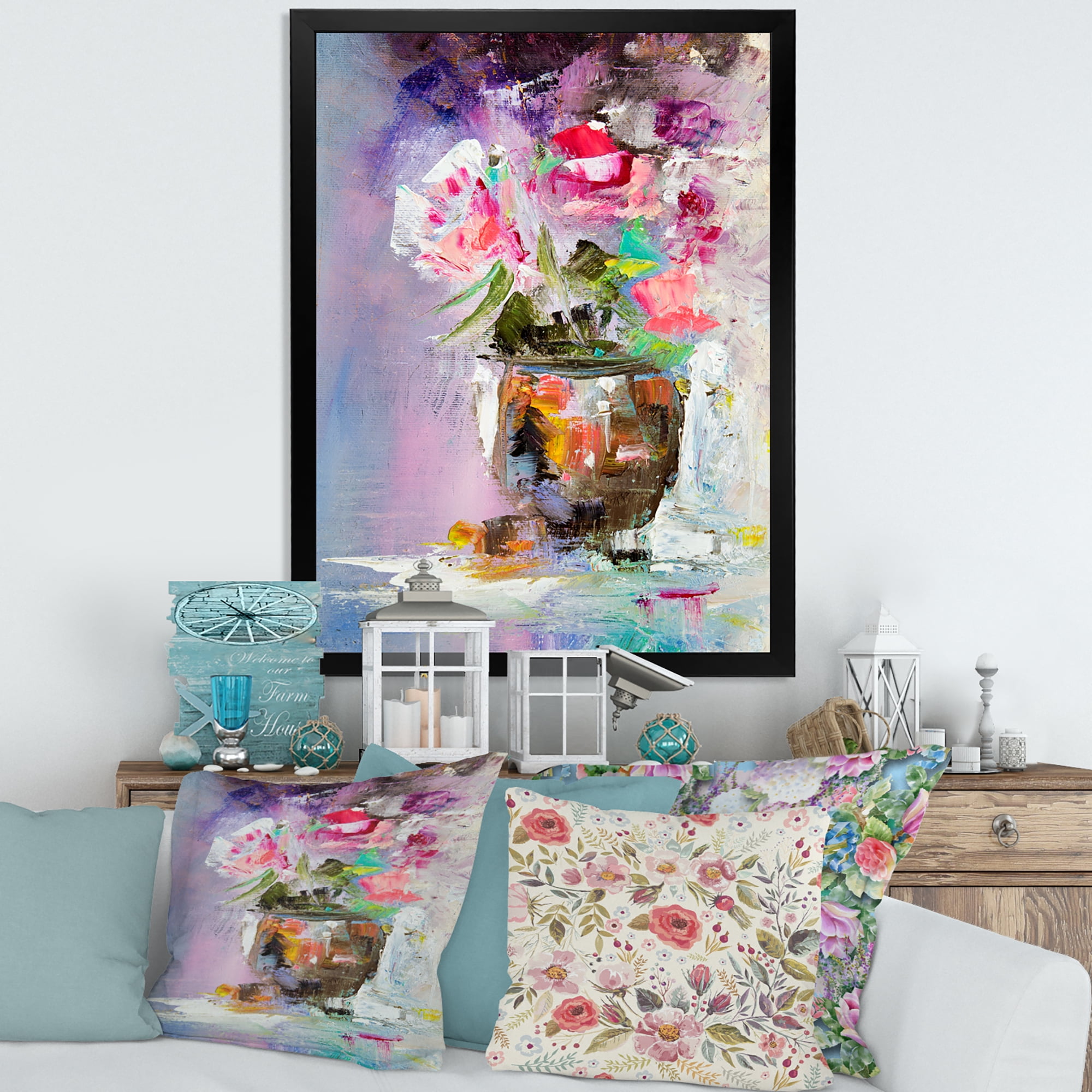 Designart 'Pink Fresh Abstract Flowers Bouquet in Vase' Modern Framed Art Print