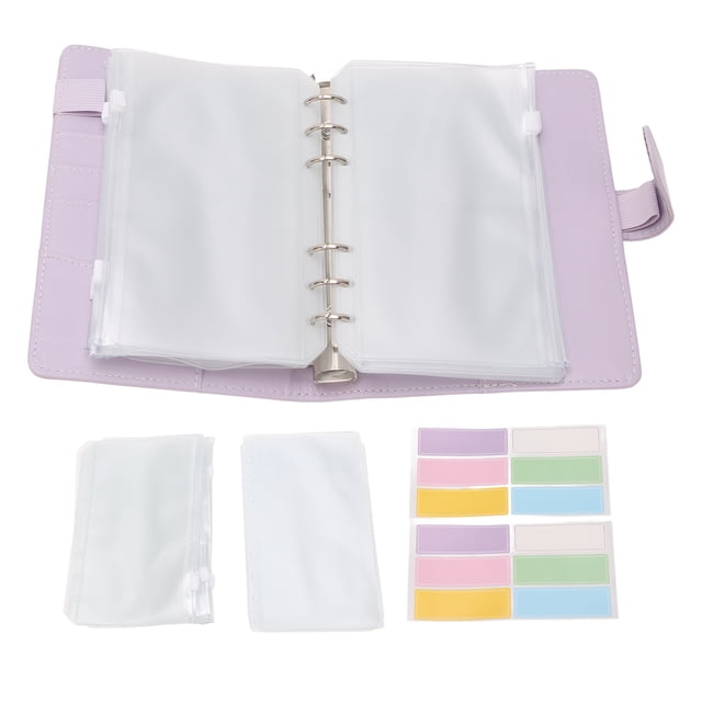 Carpeta de presupuesto A6, carpeta de bolsillo A6 con cremallera, cuaderno de cuero sintético, sobre para dinero, cuaderno de presupuesto morado