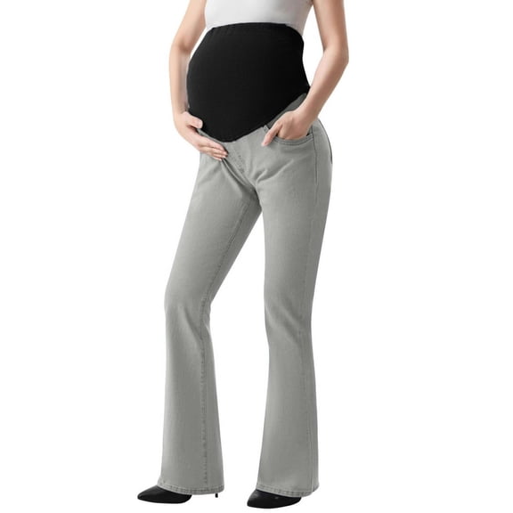 qelini Maternity Jeans Plus Size over Belly for Women Flare Leg Demin Pants Elastic Stretchy Full Length Pants