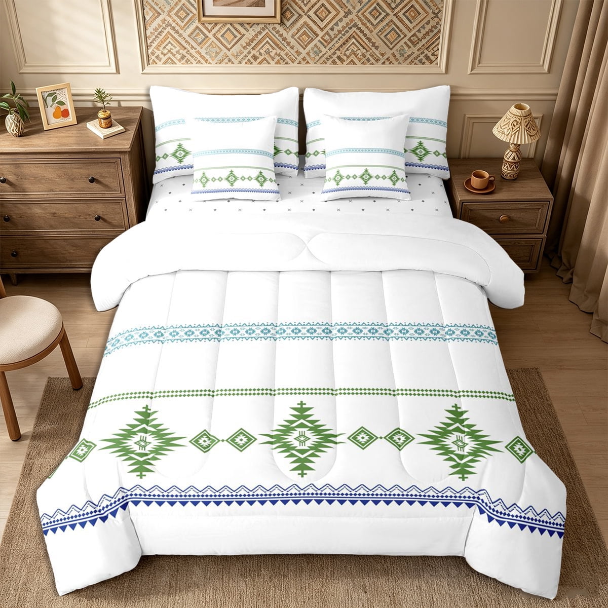 Castle Fairy Boho Tribal Geometric Full Size Bedding Sets 7 Pieces Hippie Triangle Element Full Size Bed in a Bag White Teal Forest Green Reversible