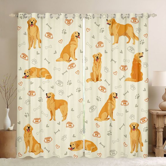 Homewish Golden Retriever Animal Kitchen Curtains,Dog Paws Bone Black Out Curtains Pack of 2 (42x63 Each),Yellow