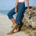 thumbnail image 3 of Cotton Linen Capri Pants for Women Petite Tailored Split Button Elastic Waist Capris Light Weight Summer Casual Straight Leg Capris, L, 3 of 3