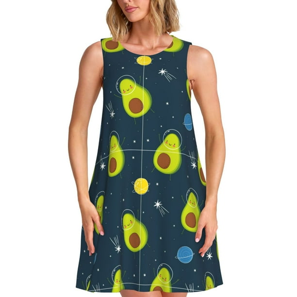 Fotbe Avocado in Space Vestido de Verano sin Mangas para Mujer – Vestido Midi Línea A, Estilo Camiseta Floral, Vestido Playero Casual y Fluido