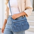 thumbnail image 3 of Y2K Washed Denim Shoulder Purse, Women Multi‑Pocket Textured Cross‑body Bag Adjustable Strap Casual Fabric Shoulder Bag, 3 of 5