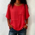 thumbnail image 2 of HOSIA Womens Vertical Textured Patchwork Top Round Neck Half Sleeve Casual Loose Fit Summer Blouse Lightweight Comfy Flowy Plain Gauze Tunic Shirts Plus Size Beach Vacation Outfits Red L, 2 of 6