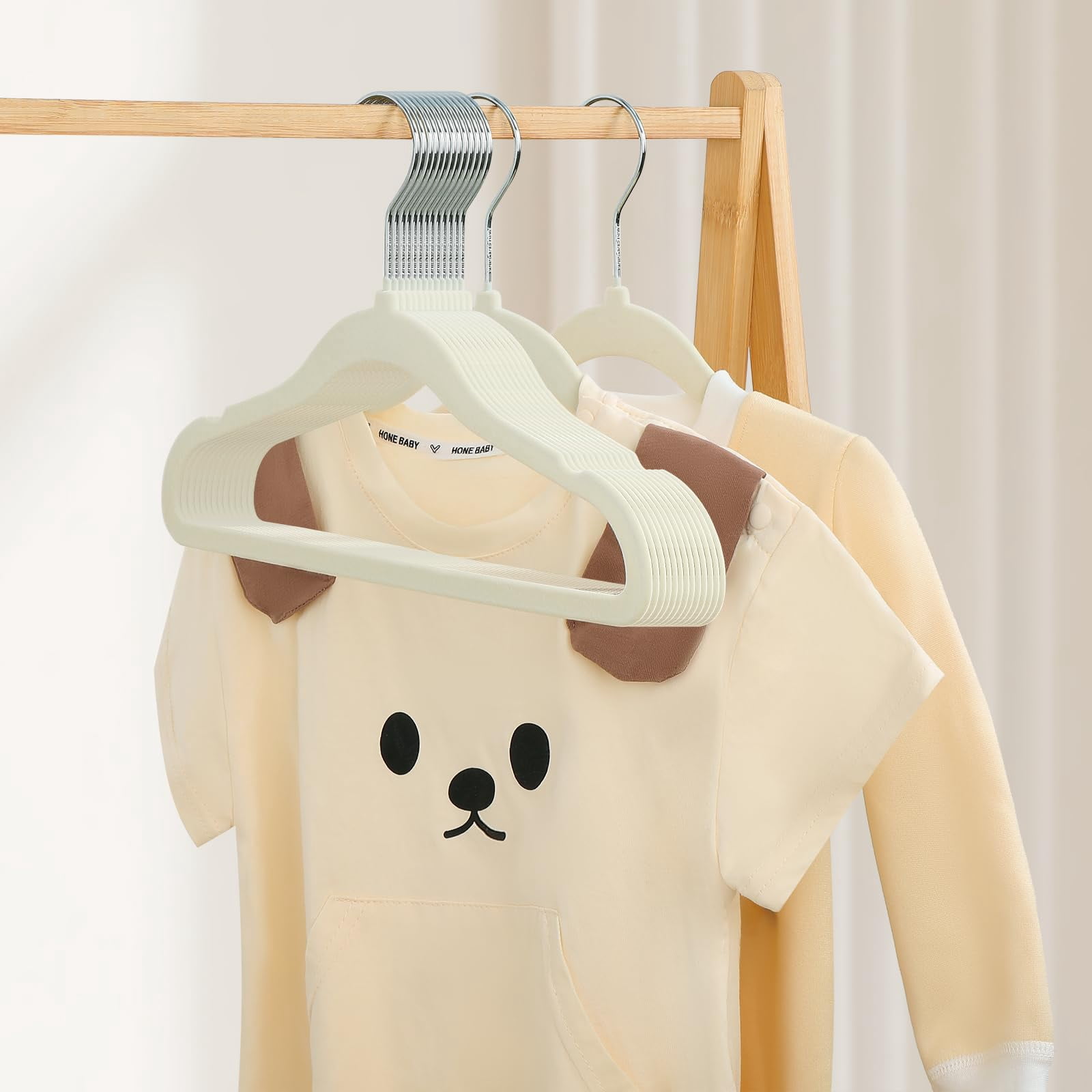 Kids Velvet Hangers 50 Pack 11.8 Inch Non-Slip Baby Toddler Clothes Hangers with Notches and Swivel Hooks Space-Saving Beige