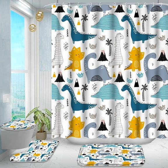 Poedist 4Pcs Shower Curtain Set, Bathroom Sets with Shower Curtain and Rugs, with Non-Slip Rugs,Toilet Lid Cover,Bath Mat and 12 Hooks,71 x 71 Inch,Gray Dinosaur