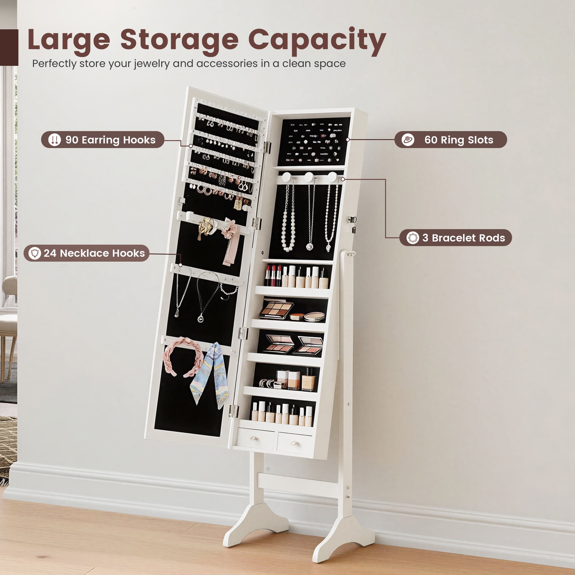 EDX Freestanding Full-Length Mirror Jewelry Cabinet, 3 Angle Adjustable Large Jewelry Armoire Organizer with Makeup Storage, White