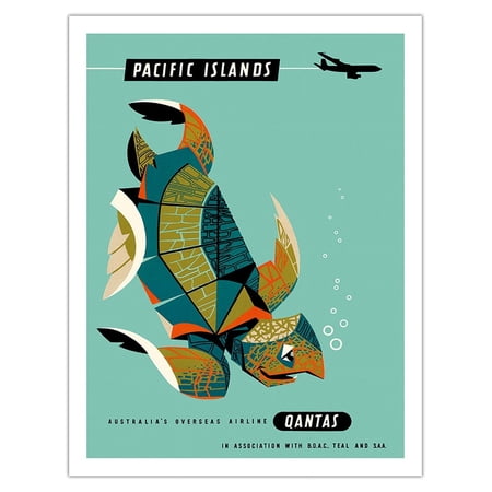 Pacific Islands - Qantas Airways - Green Sea Turtle - Vintage Airline Travel Poster by Harry Rogers c.1960s - Fine Art Matte Paper Print (Unframed) 20x26in