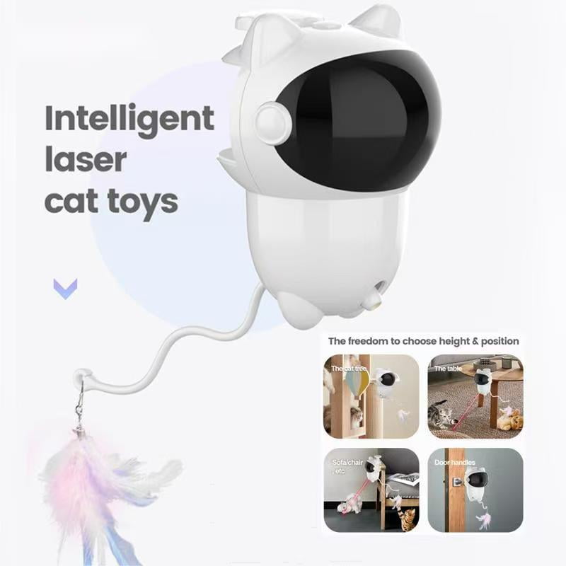 360° Rotating Laser Feather Cat Toy with 4 Replacement Pendents, White & Black Cat Head