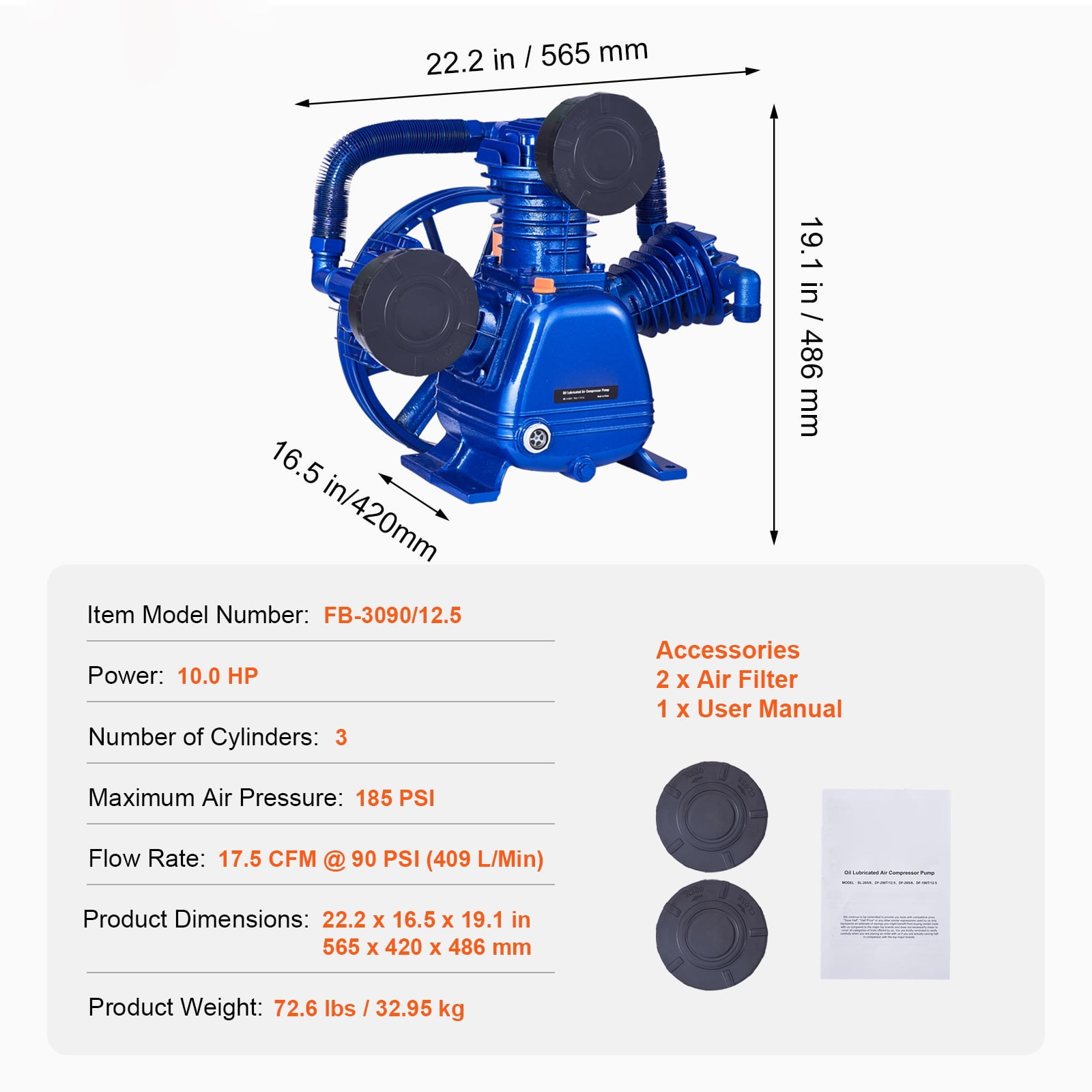 KFFKFF 10HP Air Compressor Pump Head, 17.5CFM at 90PSI, 3-Cylinder Oil-Lubricated Piston Pump, Dual Stage V-Type Cast Iron Replacement with Maximum 185PSI Pressure