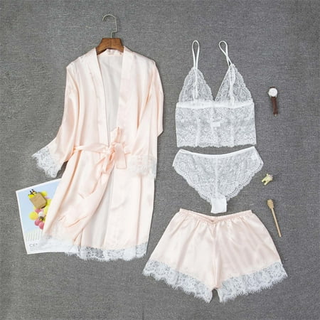 

Summer Savings Clearance 2023! PEZHADA Lingerie For Women 4PCS Lingerie Suit Women Lace Patchwork Silk Satin Temptation Babydoll Underwear Underpants Shorts Sleepwear Nightgown Briefs Suit Pink XXL