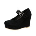 thumbnail image 3 of Willtoo Women’s Double Buckle Mary Jane Wedge Pumps, Faux Suede Platform Closed Toe High Heel Shoes, Party Dress Casual Heels, 3 of 6