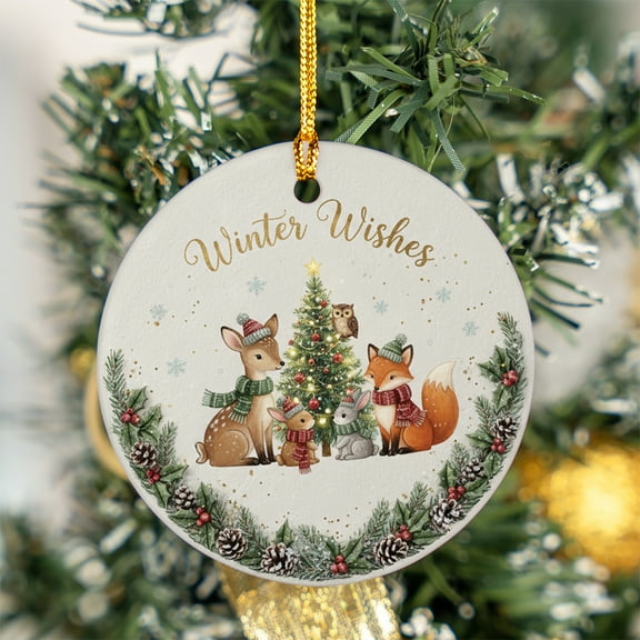 ViciArt Winter Wishes Ceramic Ornament, Forest Animal Holiday Decor, 3" Round, Snowy Scene