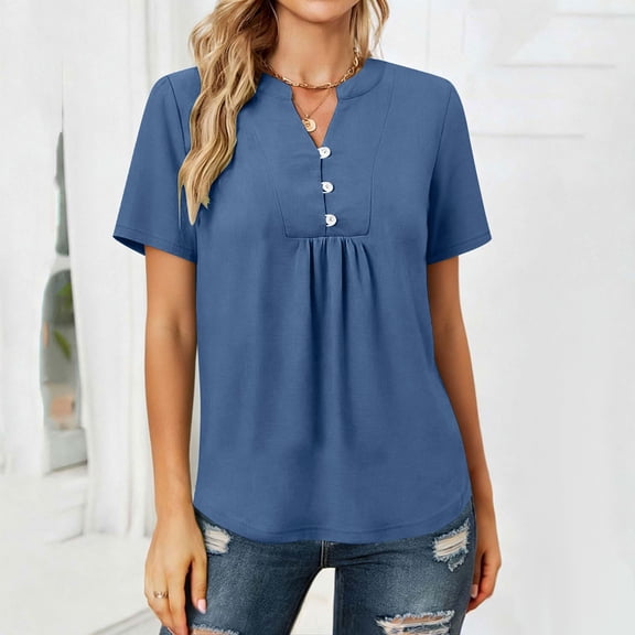 Summer Tunic Tops for Women Trendy Button Up Crew Neck Tops Short Sleeve T-Shirt Pleated Tunic Blouse Shirts Loose Blouse Dressy Casual Shirt Blue M