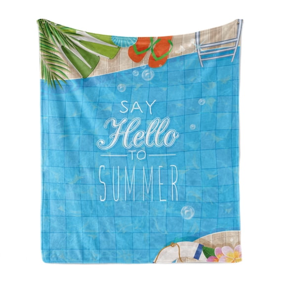 Hello Summer Soft Flannel Fleece Blanket, Top View of Swimming Pool with Clean Water Flip Flops and Flippers Fun Holiday, Cozy Plush for Indoor and Outdoor Use, 50" x 70", Multicolor, by Ambesonne