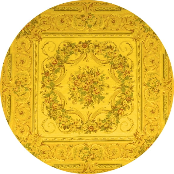 Ahgly Company Machine Washable Indoor Round Medallion Yellow French Area Rugs, 6' Round