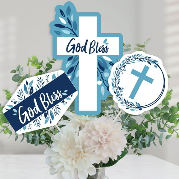 Big Dot of Happiness Baptism Blue Elegant Cross - Boy Religious Party Centerpiece Sticks - Table Toppers - Set of 15