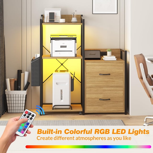 Kojooin 2 Drawer File Cabinet for Letter, Legal and A4 Files, Printer Cabinet with LED Lights and Power Strip