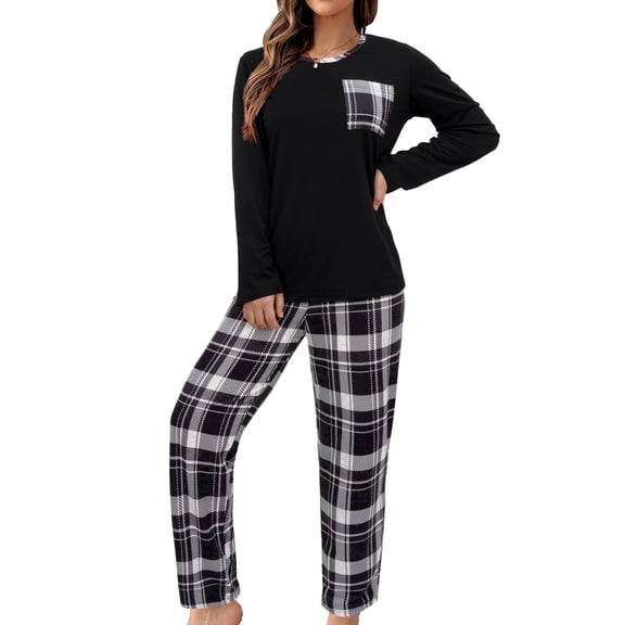 Mecto Women's Plaid Pajama Set Long Sleeve Crew Neck Sleepwear with Chest Pocket