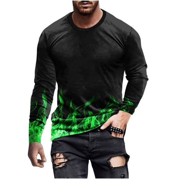 IROINNID Mens Long Sleeve T Shirts Graphic Print Casual Round Neck Pullover 3D Printed T-Shirt Blouse Tops On Sale,Green