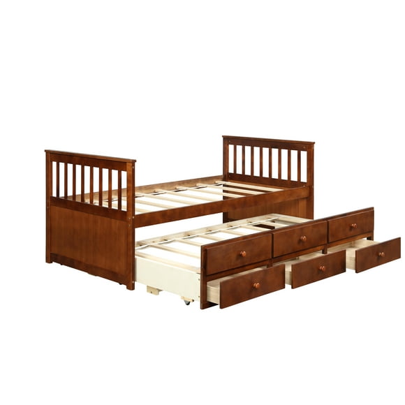 Giantex Twin Size Captain Bed w/3 Storage Drawers, Trundle Bed Wooden Bed Frame, Solid Wood Platform Guest Bed, Walnut