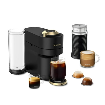 Nespresso Festive Vertuo Pop  Deluxe Coffee and Espresso Maker by Breville with Milk Frother, Matte Black Gold