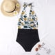 thumbnail image 2 of Traje de baño de una pieza para mujer, traje de baño fruncido con cuello en V y espalda descubierta con estampado Floral para nadar en verano, flor amarilla L, 2 of 7
