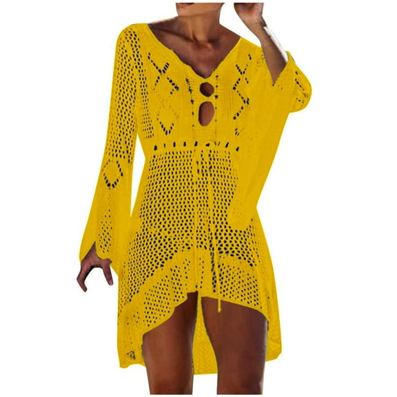 Women's Summer Trumpet Long Sleeve Deep V Neck Hollow Out Knitted Cover Up Beach Dress Swimwear Tie Waist Hi-Lo Dress