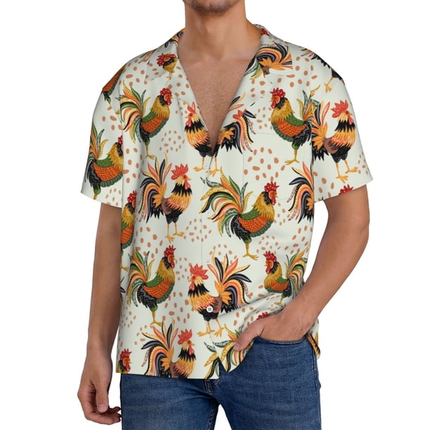 Balery Colorful Roosters Camisa Casual de Manga Corta con Botones para Hombre, Texturizada, Estilo Cubano, para Playa, Verano-Medium