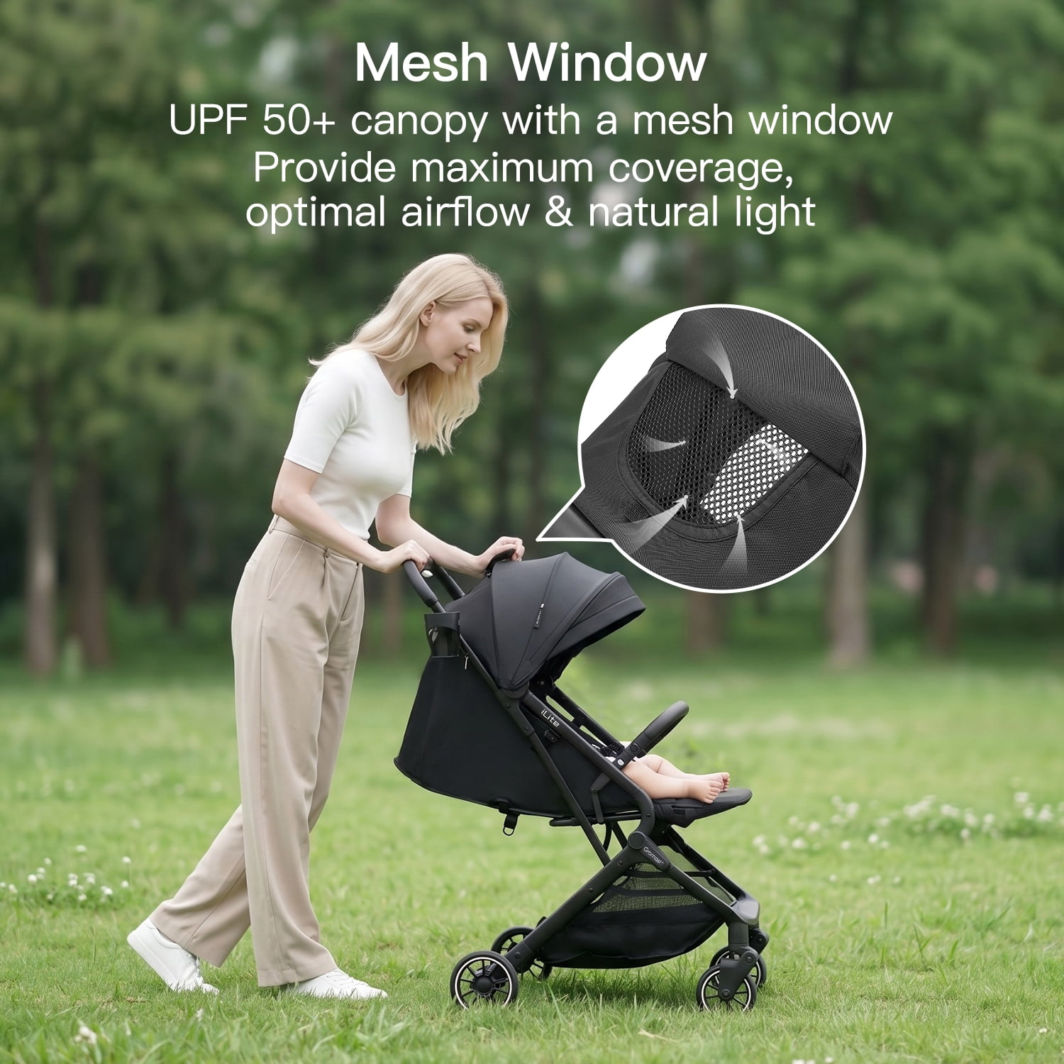 Gromast Compact Fold Baby Stroller, Lightweight Travel Toddler Stroller with One-Click Fold, Extendable UPF50+ Canopy, Cup Holder, UV Protected and Waterproof, One-Hand Folding - Black
