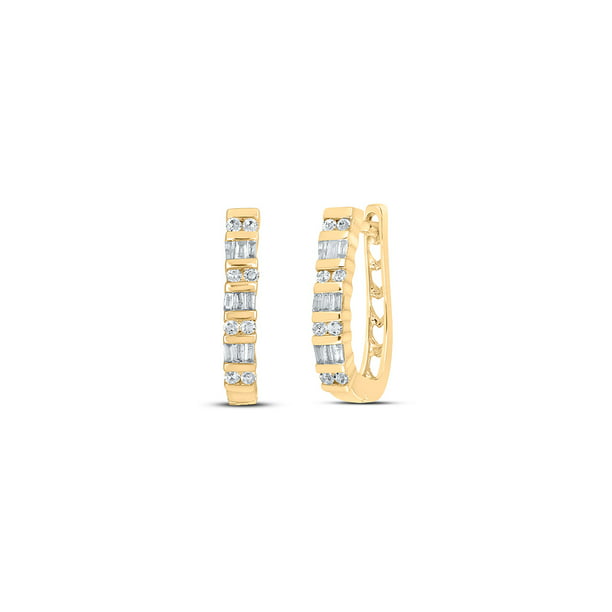 Yellow-tone Sterling Silver Womens Baguette Diamond Hoop Earrings 1/4 Cttw
