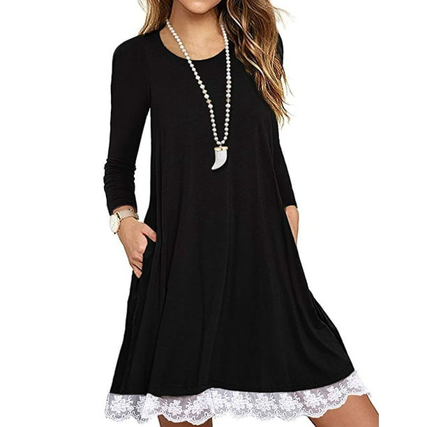 Vista Women's Long Sleeve Cotton Lace T Shirt Dress with Pockets