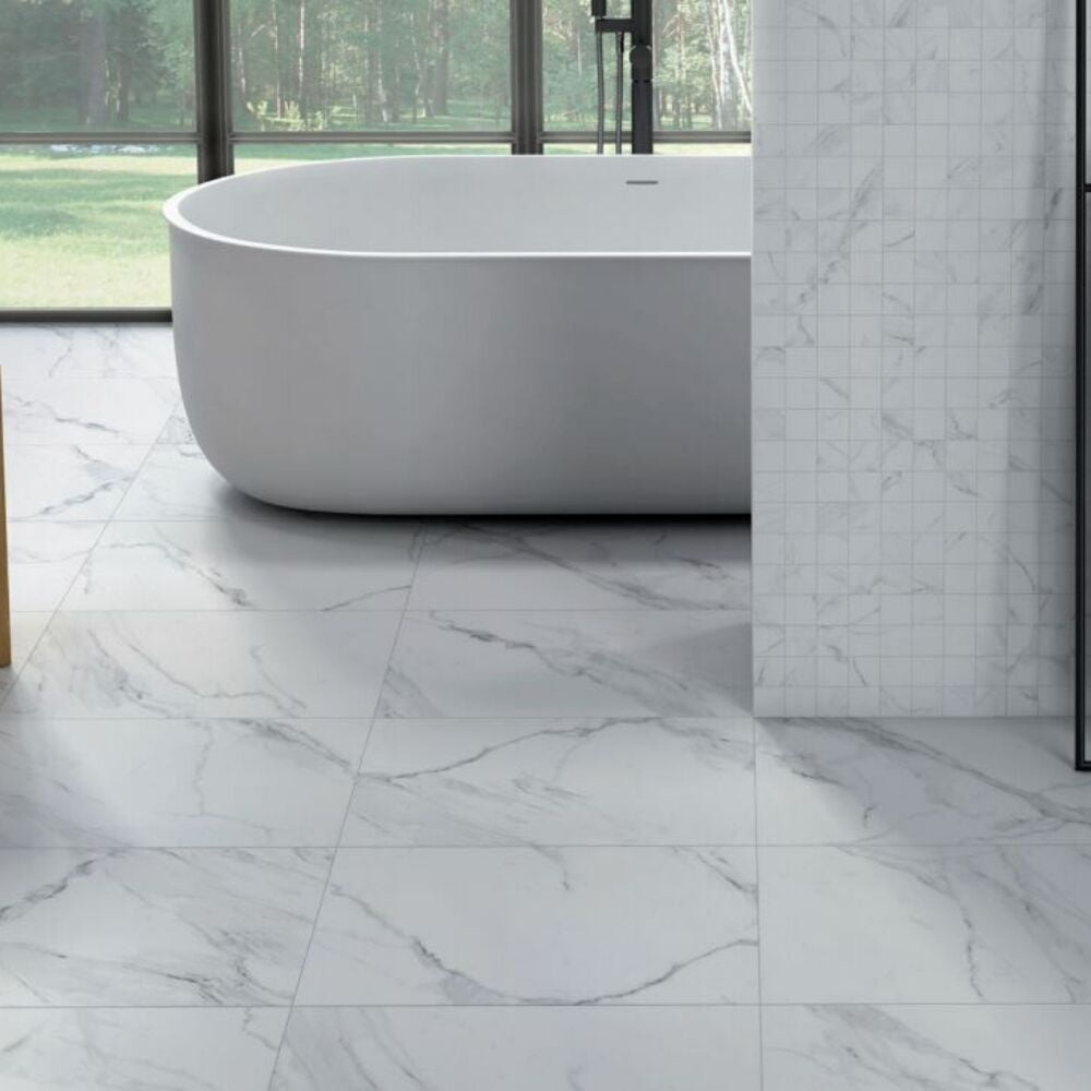 The Tile Life Cheyenne White Glossy Marble-Look Porcelain Floor & Wall Tile, 12 x 24 in, 8-Piece