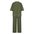 thumbnail image 4 of BLTIBY 2025 Cotton Linen 2 Piece Sets for Women Summer Solid Color Loose Short Sleeve V Neck Shirts Wide Leg Pant Matching Set Plus Size Vacation Outfits with Belt Army Green 5XL, 4 of 6