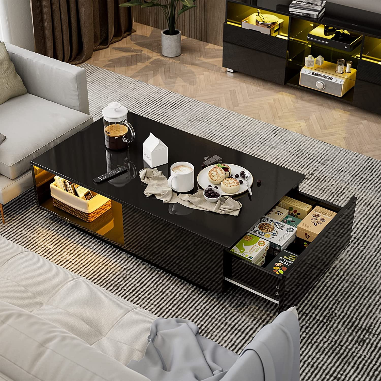 IKIFLY Modern High Glossy Coffee Table with 16 Colors LED Light, LED ...