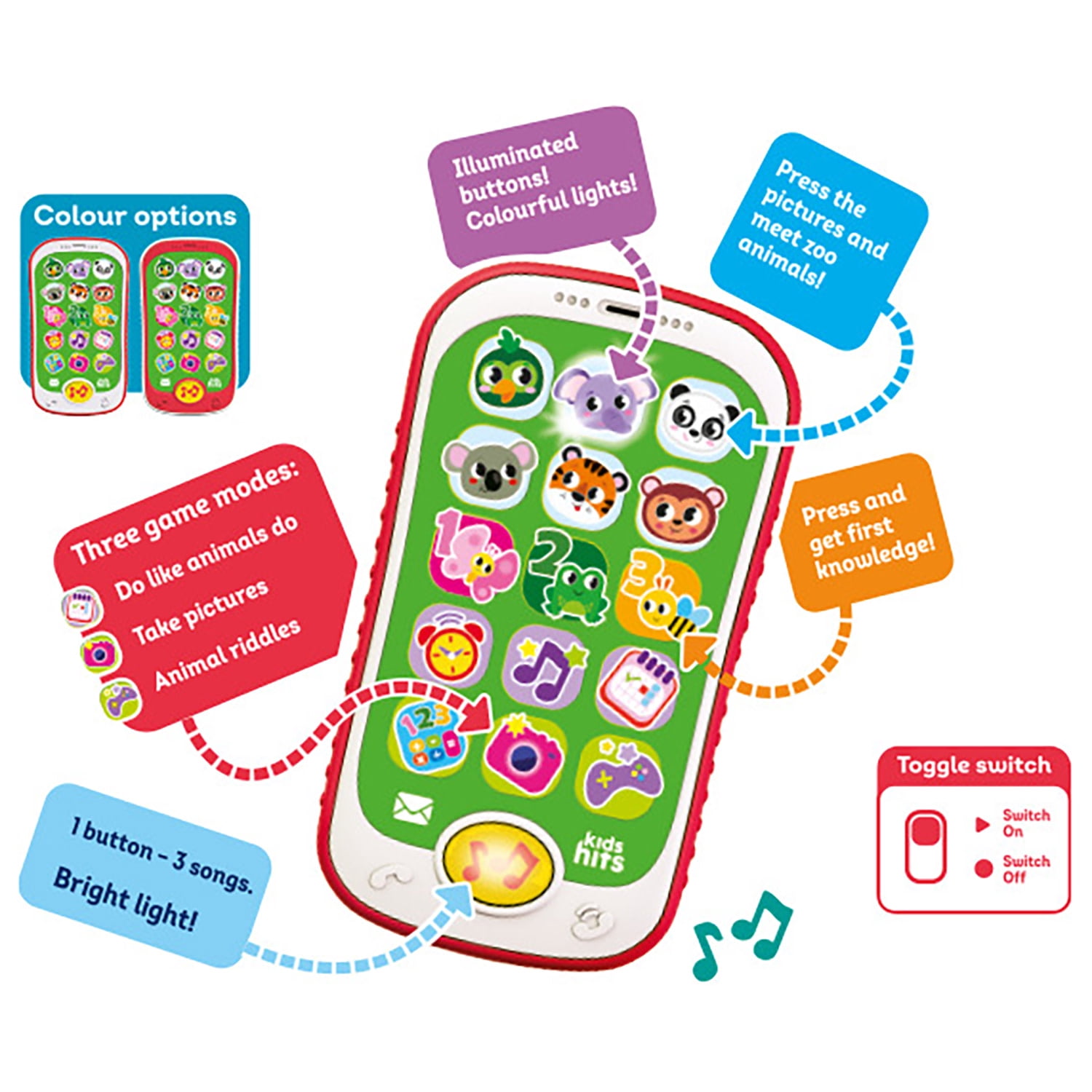 Kids Hits: Smart Phone - Light-Up Zoo - Interactive Educational Toy, 3 Game Modes, Animal Sounds & Songs, Riddles, Snap-Pictures, Kids & Toddlers 2+