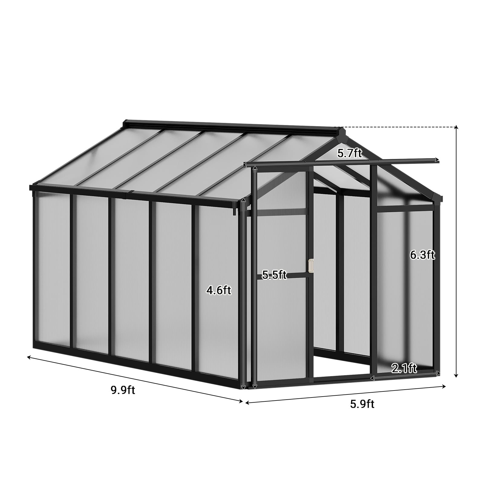 Polycarbonate Greenhouse with Sliding Door – Outdoor Walk-In Garden Greenhouse with Adjustable Roof Vent & Aluminum Frame for Backyard/Patio(6'x8'/6'x10'Available)