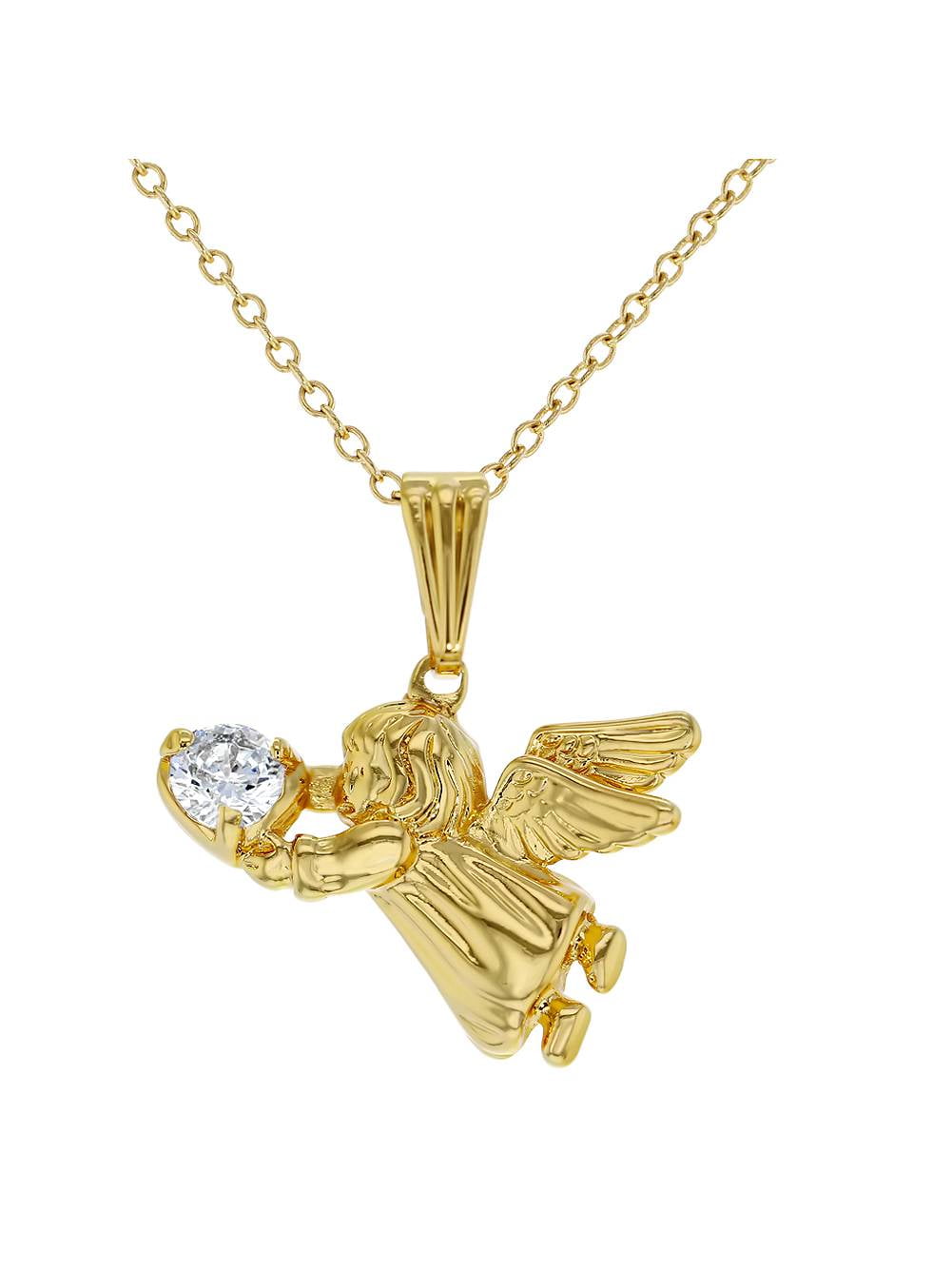 Yellow Gold Plate and Sterling Silver Childrens Diamond Guardian Angel Heart Locket Pendant