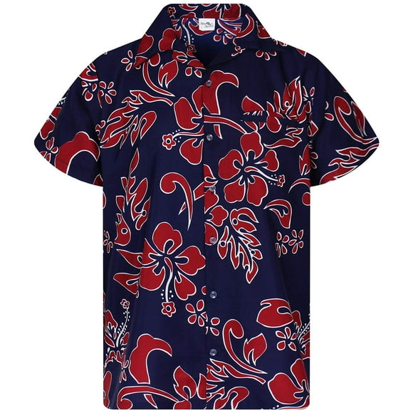 KING KAMEHA Floral-Vibes Imprimé Hibiscus Hawaii Coloré Élégant-Vêtement Standard-Fit, Hibiscus, Marine-Bleu-Rouge, TTG